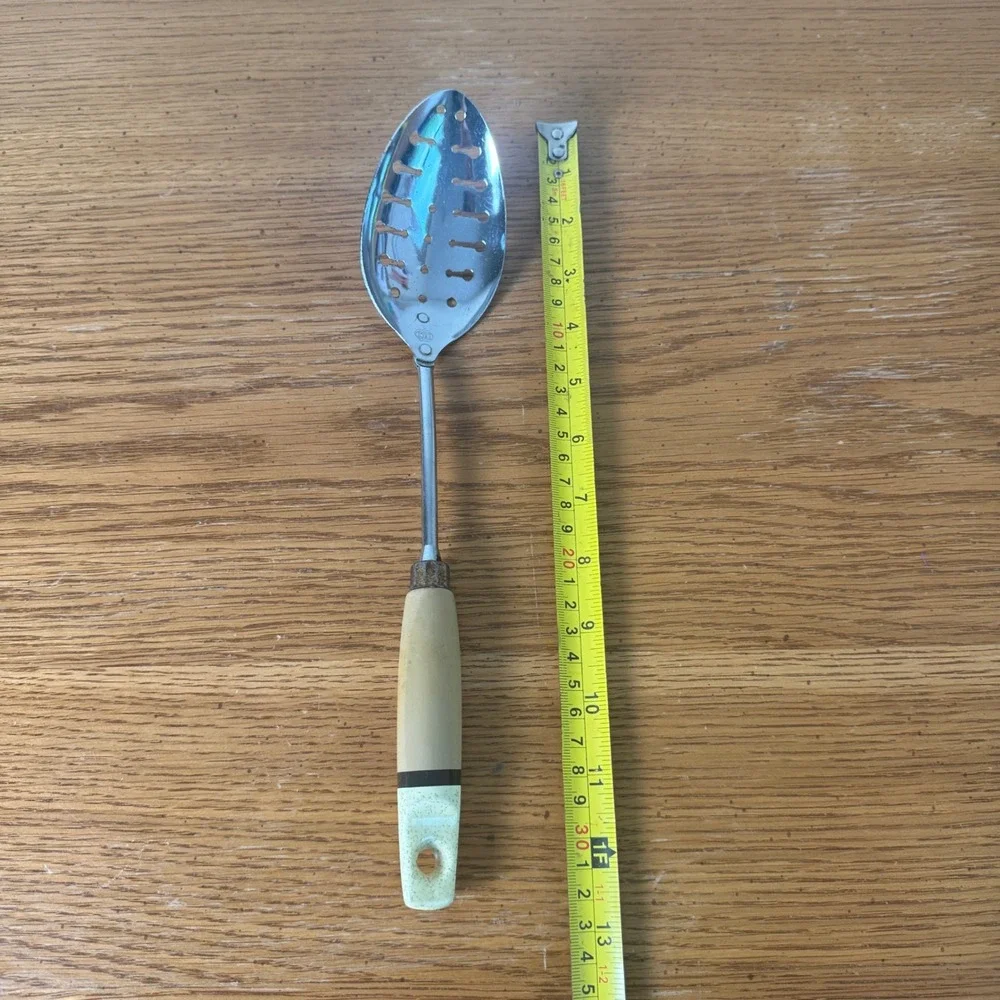 Vintage EKCO USA Chrome Slotted Serving Spoon Tan Speckled Glitter‎ Handle